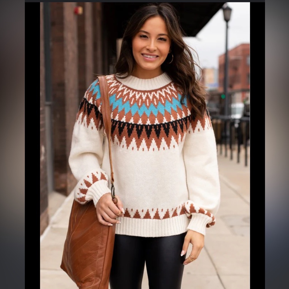 Panache Sweater Womens Medium Ivory Brown & Blue Fair Isle Crew Neck Cozy Comfy